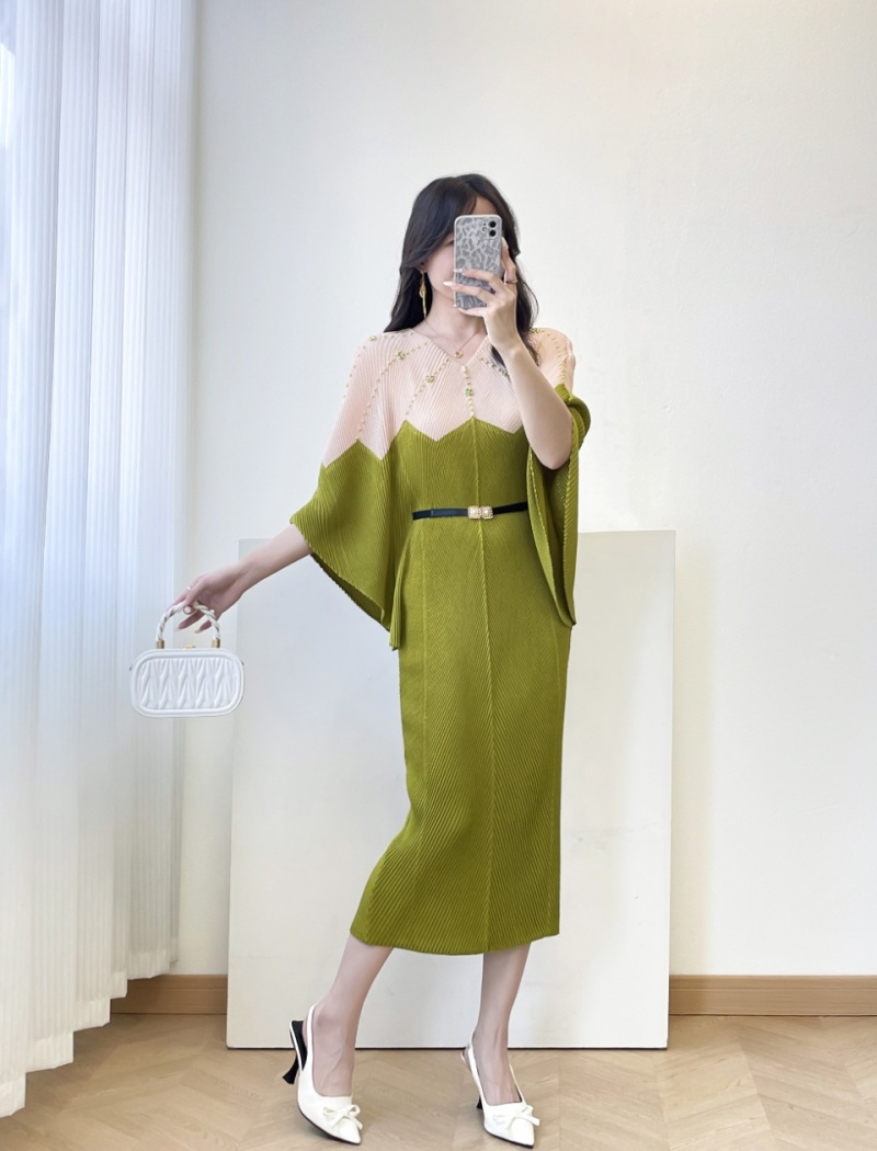 Mixed colors pinched waist dress loose long dress