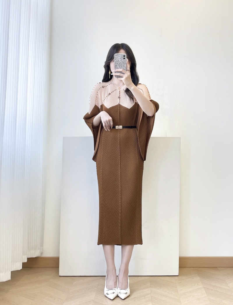 Mixed colors pinched waist dress loose long dress