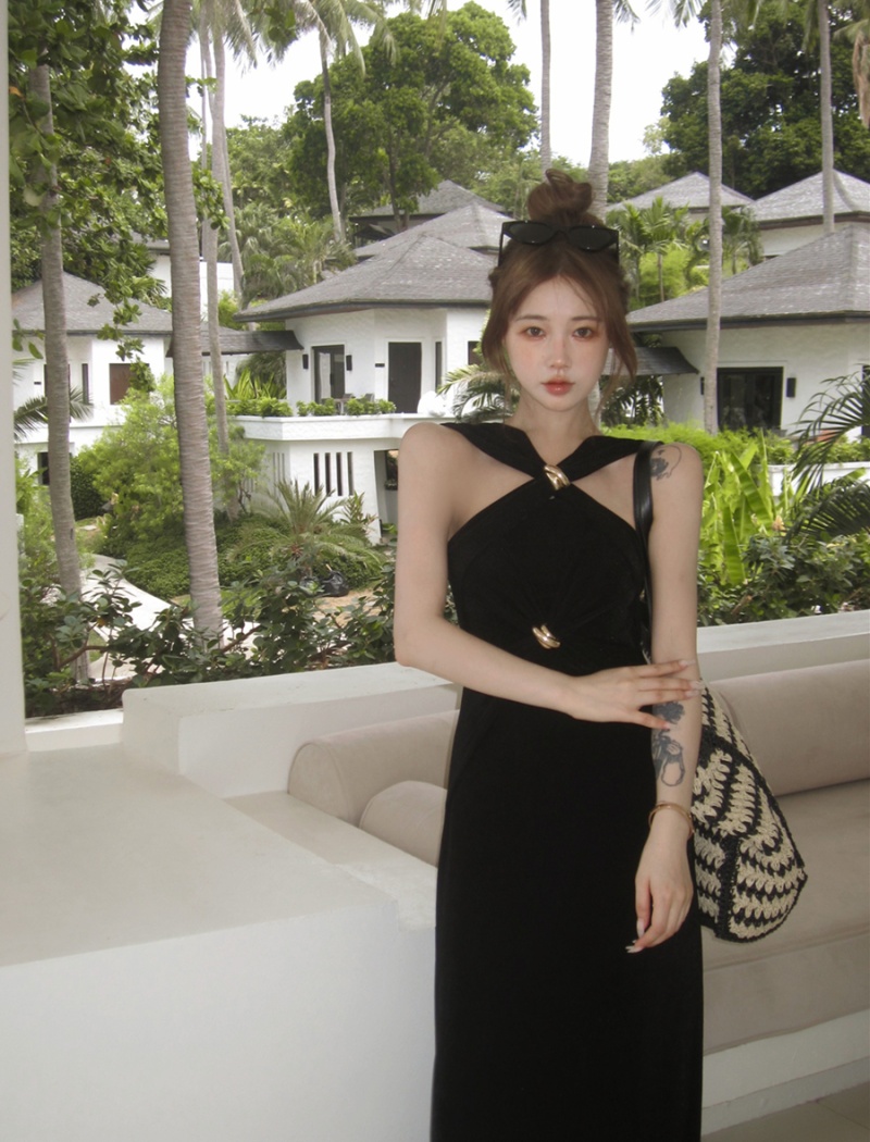 Sling ladies black dress retro temperament long dress for women