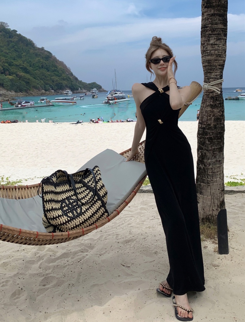 Sling ladies black dress retro temperament long dress for women