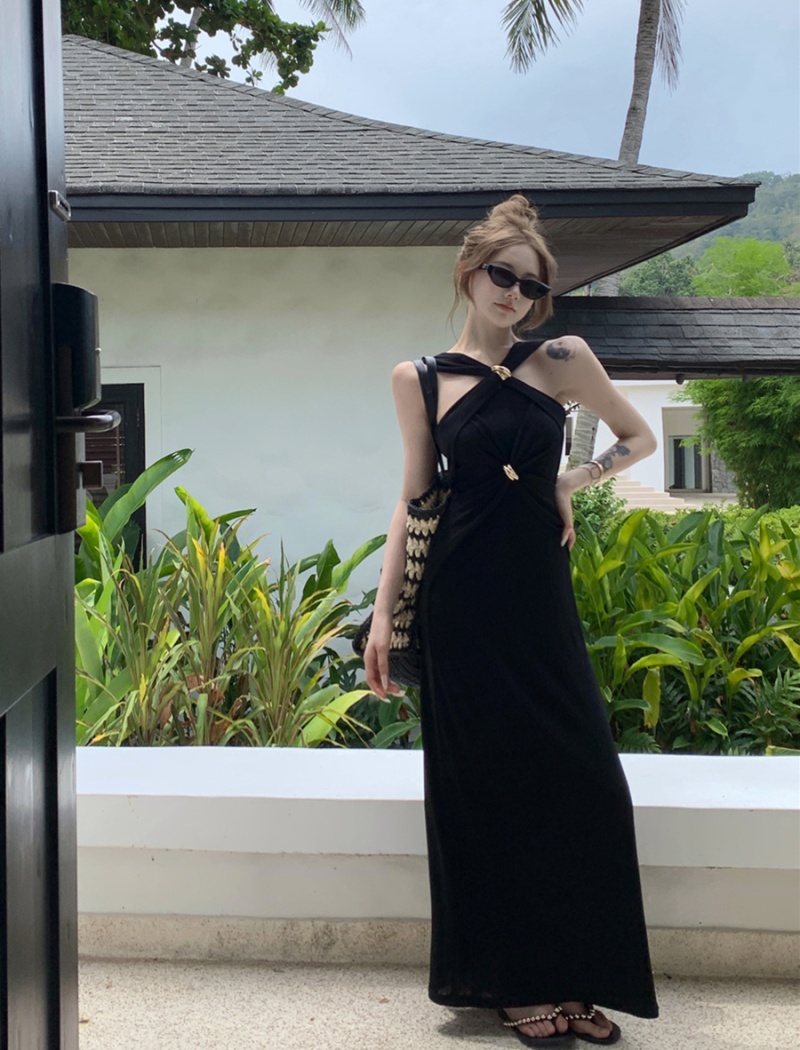 Sling ladies black dress retro temperament long dress for women