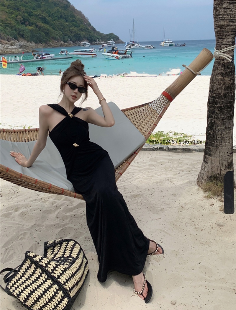 Sling ladies black dress retro temperament long dress for women