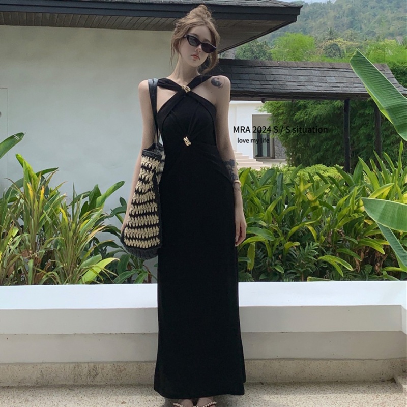 Sling ladies black dress retro temperament long dress for women