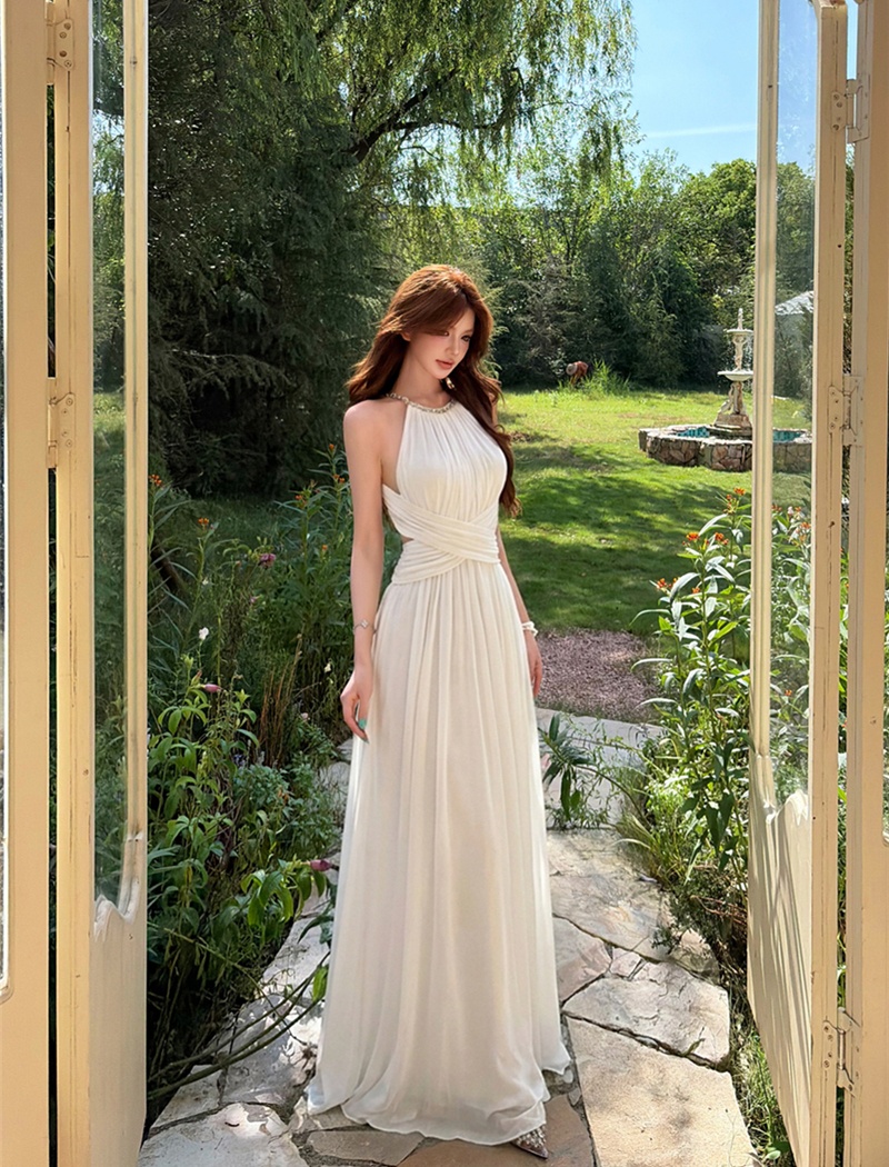 Summer gauze long dress pinched waist halter dress for women
