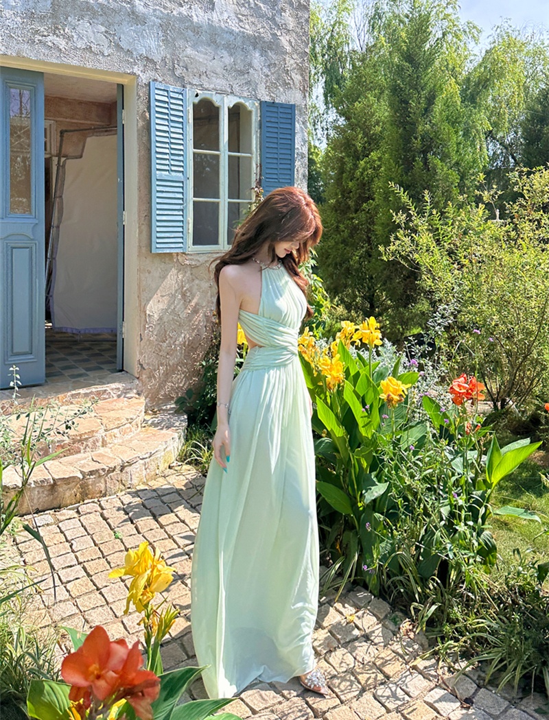 Summer gauze long dress pinched waist halter dress for women