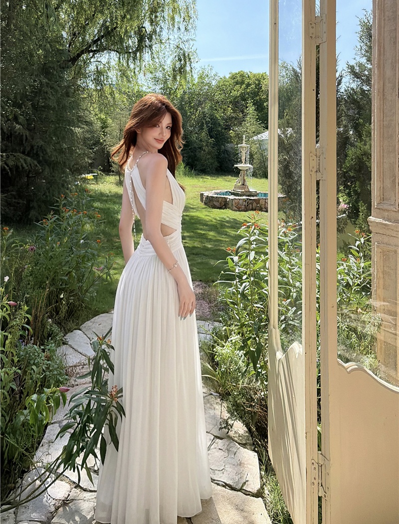 Summer gauze long dress pinched waist halter dress for women