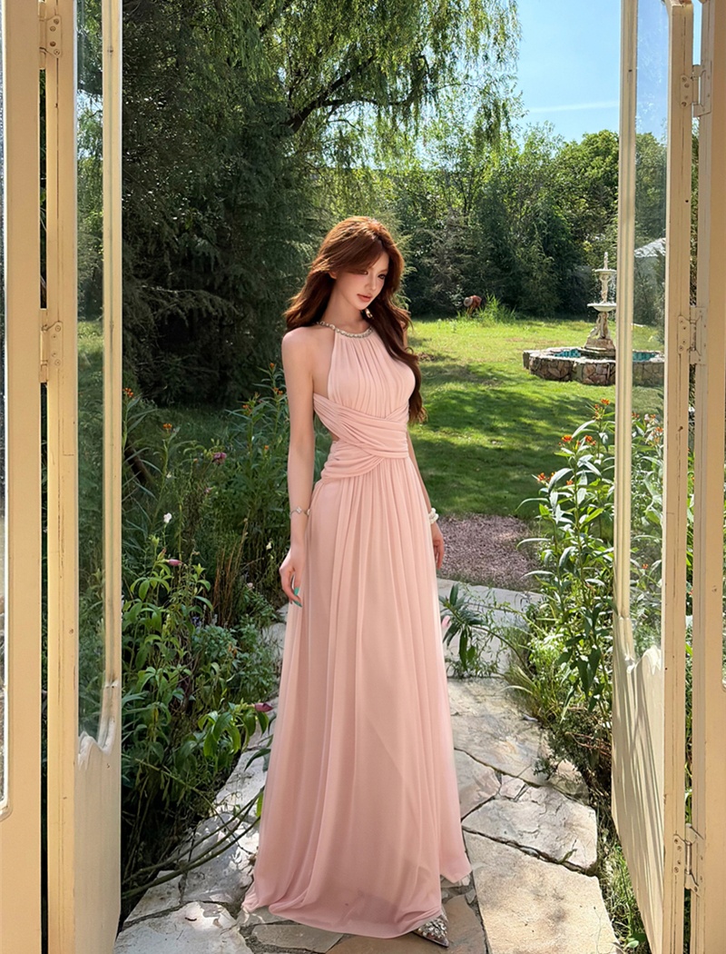 Summer gauze long dress pinched waist halter dress for women