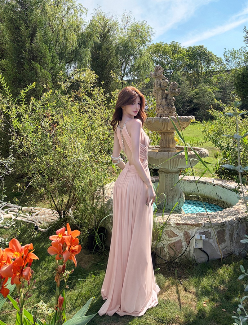 Summer gauze long dress pinched waist halter dress for women