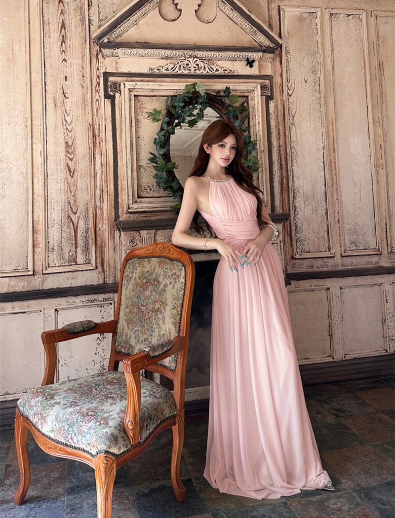 Summer gauze long dress pinched waist halter dress for women
