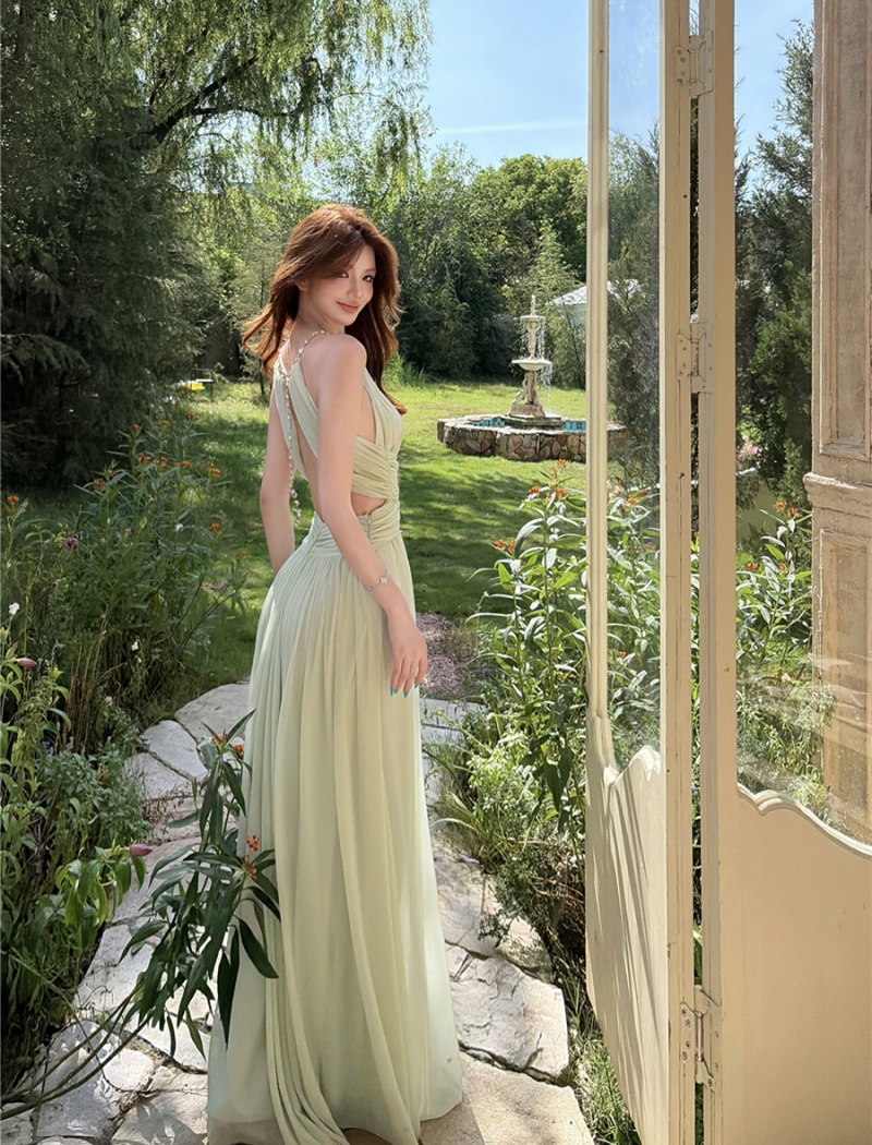 Summer gauze long dress pinched waist halter dress for women