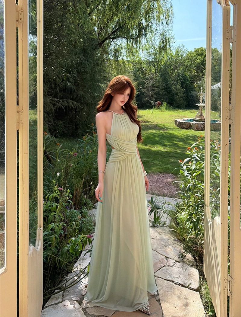 Summer gauze long dress pinched waist halter dress for women