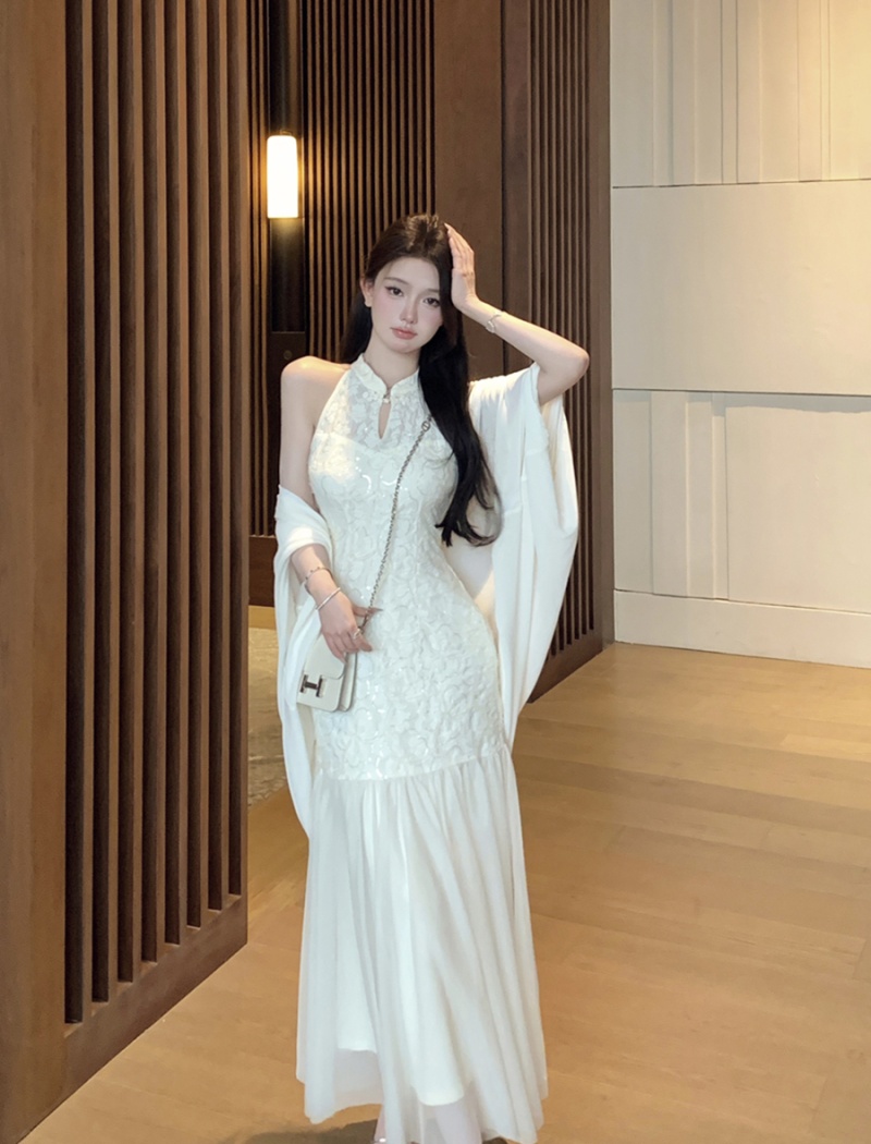 Sunscreen cheongsam jacquard dress 2pcs set for women