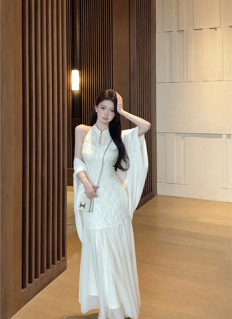 Sunscreen cheongsam jacquard dress 2pcs set for women