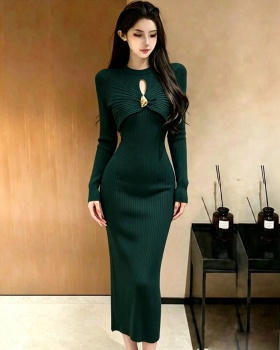 Knitted round neck long dress hollow package hip dress