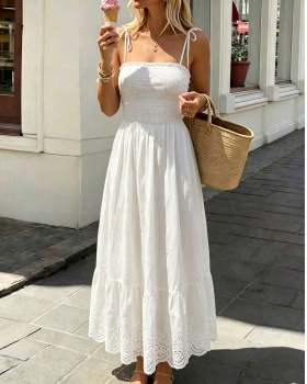 Pure embroidery vacation long sling dress
