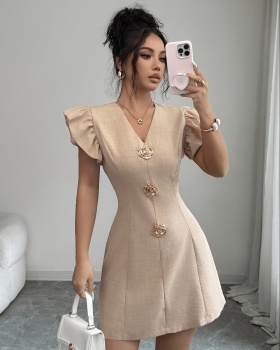 Boats sleeve metal buckles fashion short V-neck dress