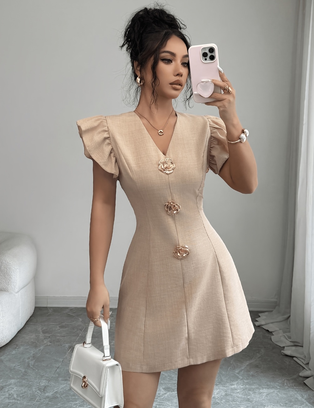 Boats sleeve metal buckles fashion short V-neck dress