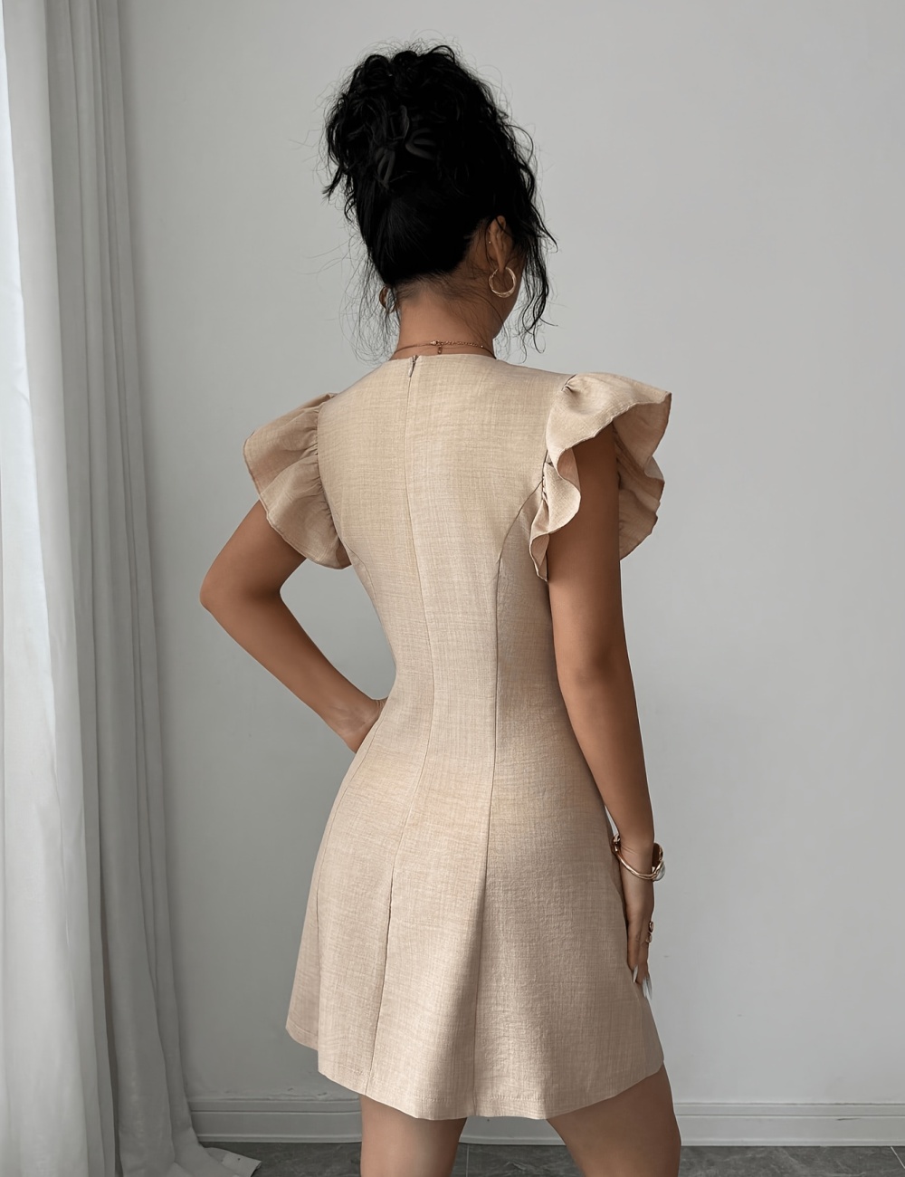 Boats sleeve metal buckles fashion short V-neck dress