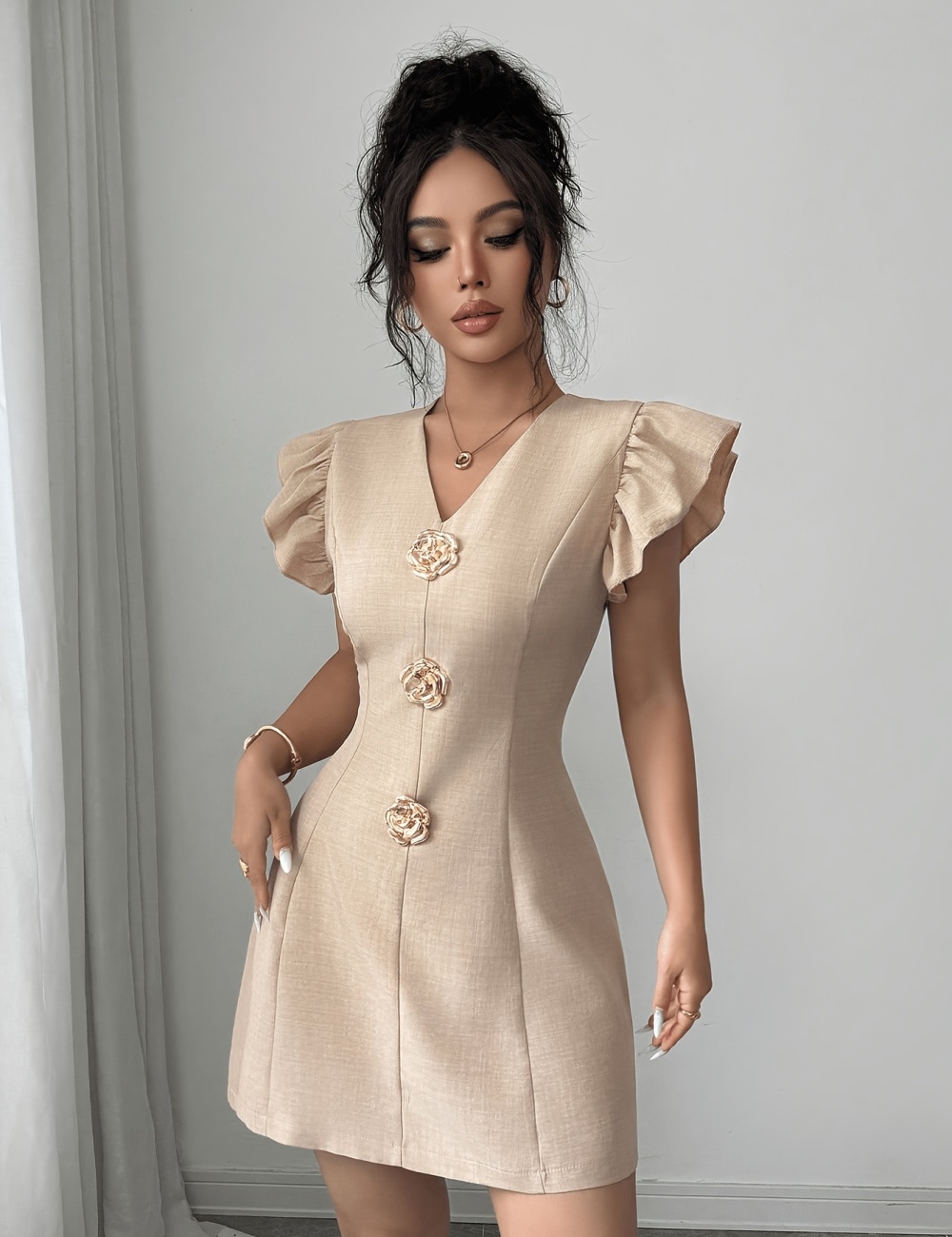 Boats sleeve metal buckles fashion short V-neck dress