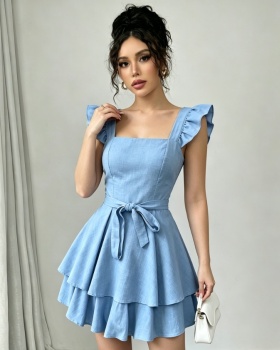 Short frenum boats sleeve elegant square collar dress
