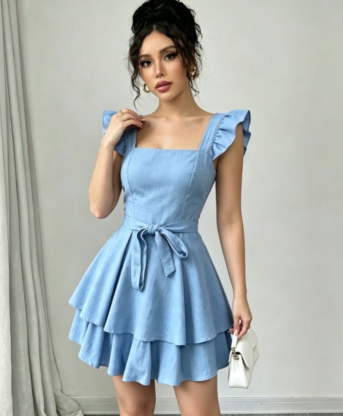 Short frenum boats sleeve elegant square collar dress