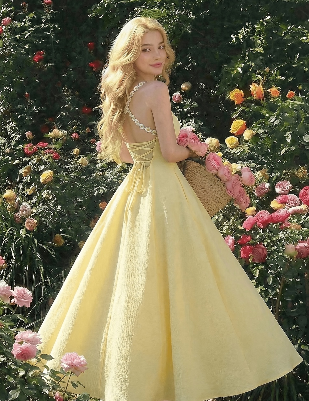 Fold elegant sling flowers long ribbon dress