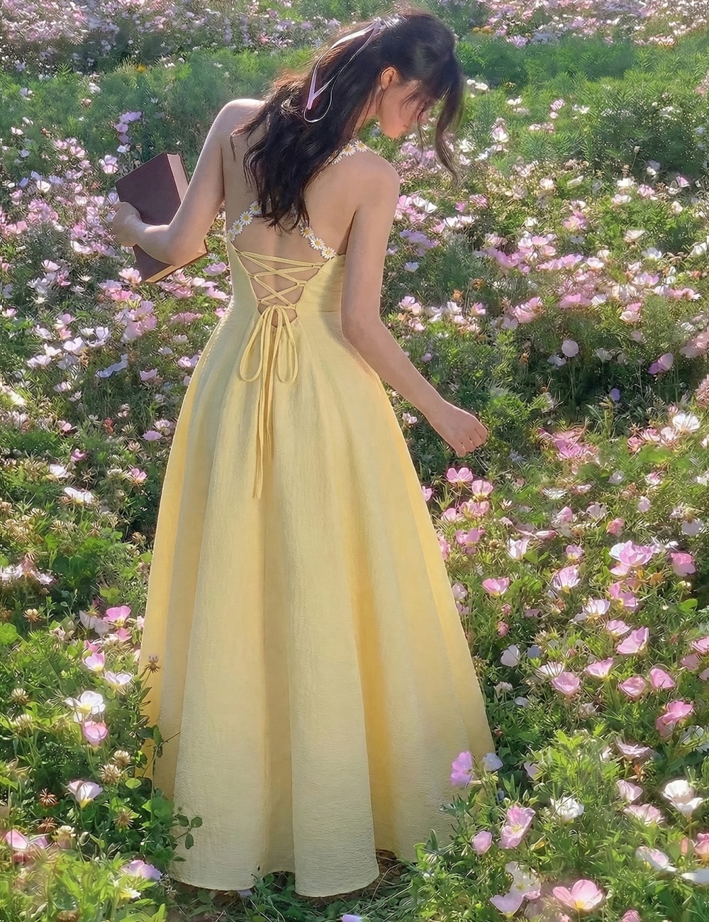 Fold elegant sling flowers long ribbon dress