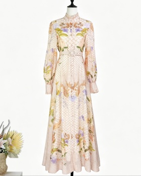 Pinched waist printing long dress single-breasted dress