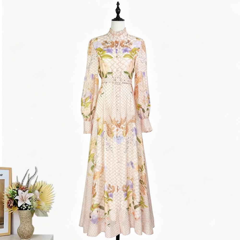 Pinched waist printing long dress single-breasted dress