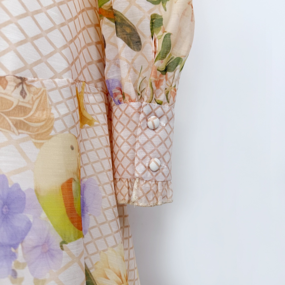 Pinched waist printing long dress single-breasted dress