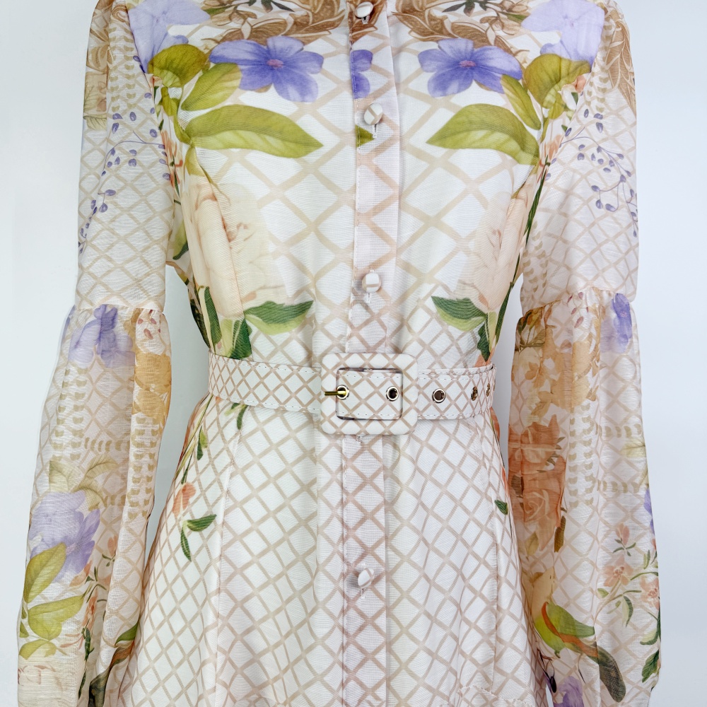 Pinched waist printing long dress single-breasted dress