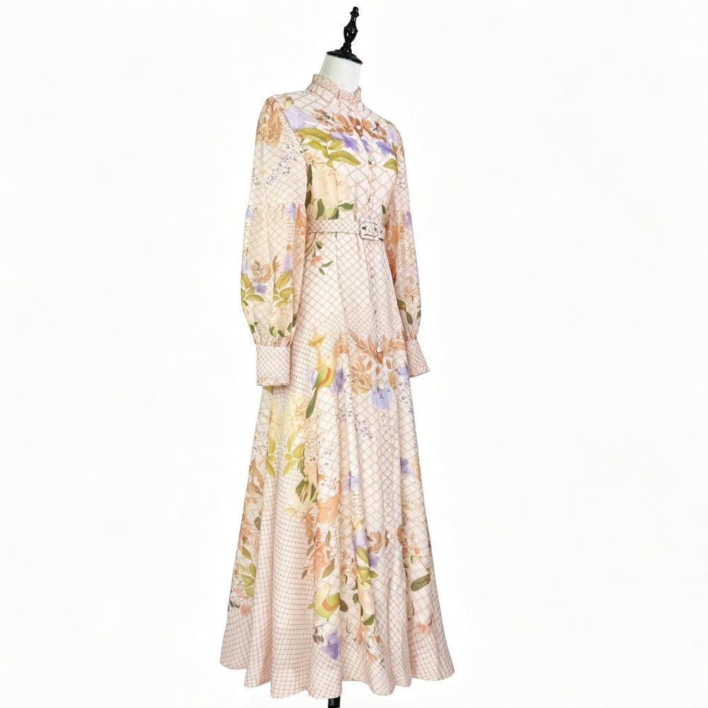 Pinched waist printing long dress single-breasted dress
