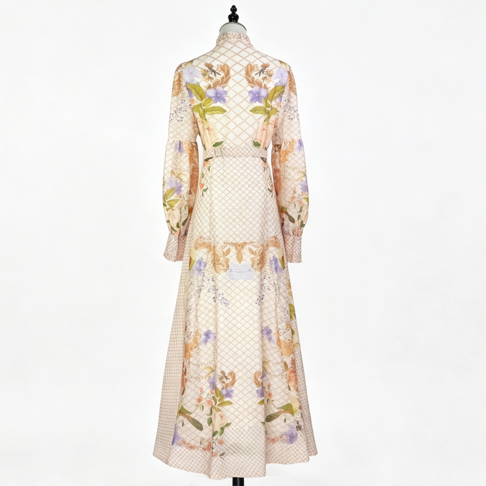 Pinched waist printing long dress single-breasted dress