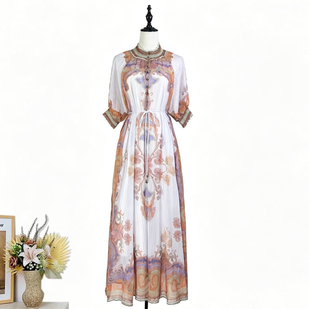 Vacation long belt Bohemian style real silk dress