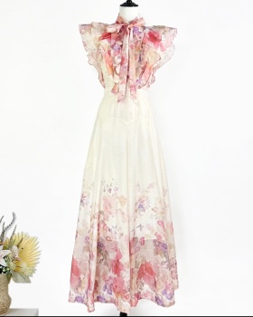 Flowers printing long skirt retro high waist shirt 2pcs set