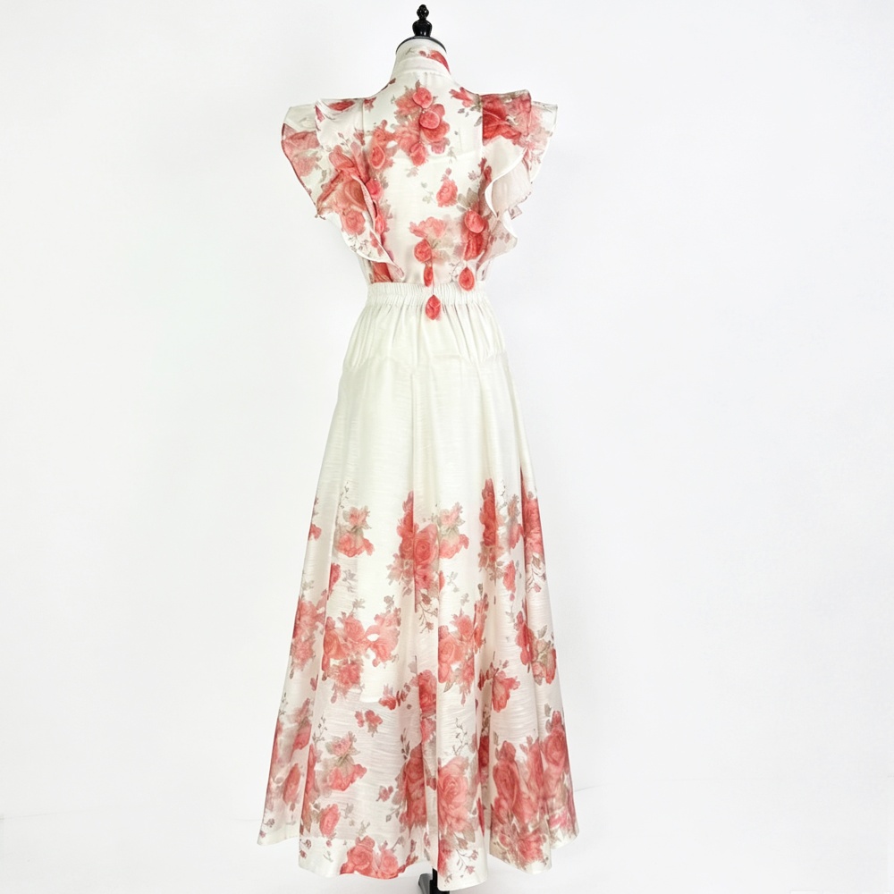 Flowers printing long skirt retro high waist shirt 2pcs set