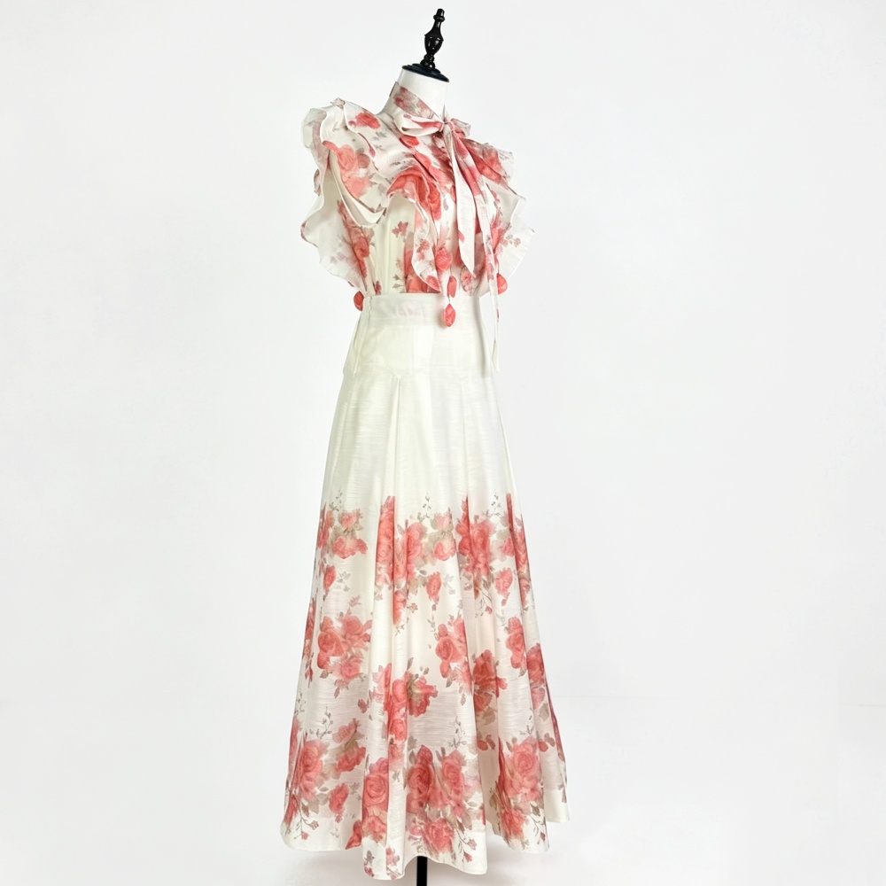 Flowers printing long skirt retro high waist shirt 2pcs set