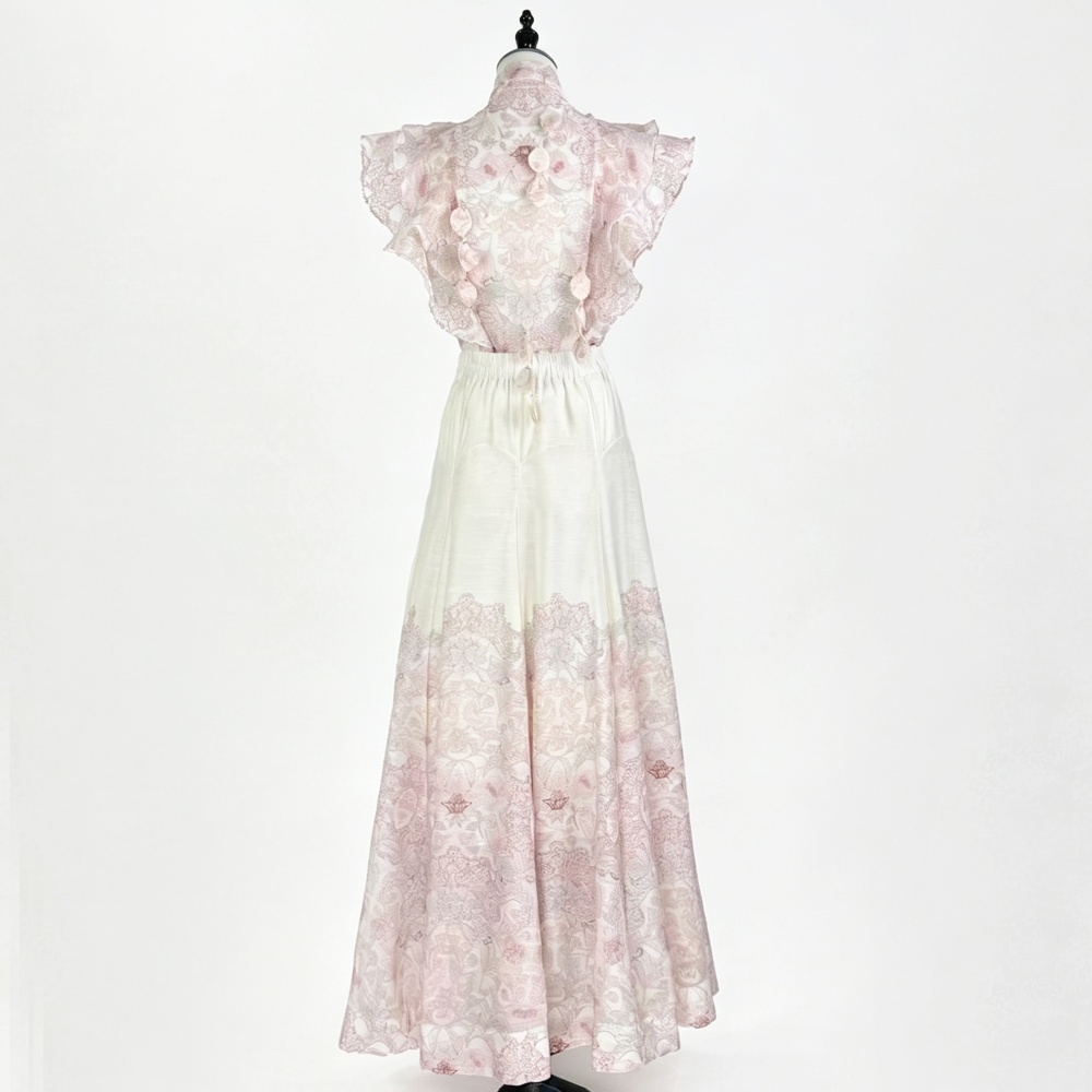 Flowers printing long skirt retro high waist shirt 2pcs set