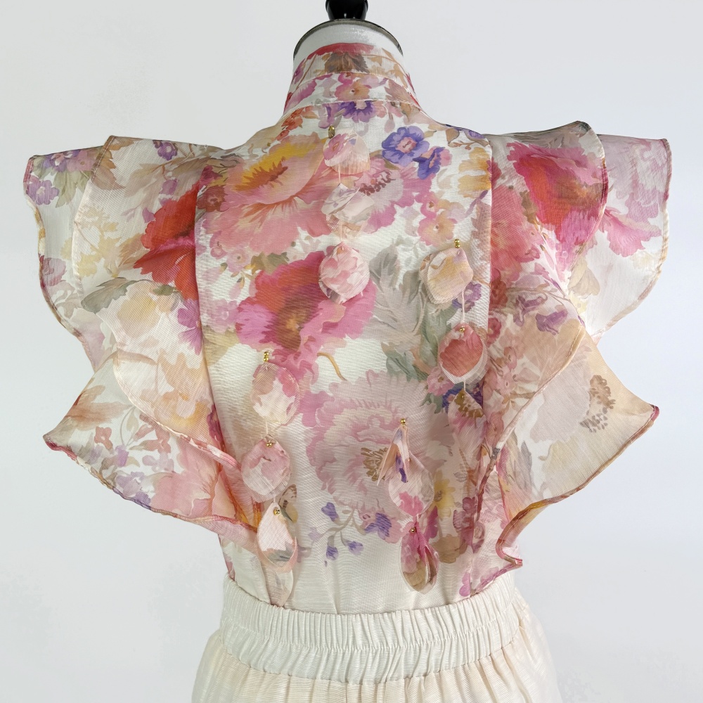 Flowers printing long skirt retro high waist shirt 2pcs set