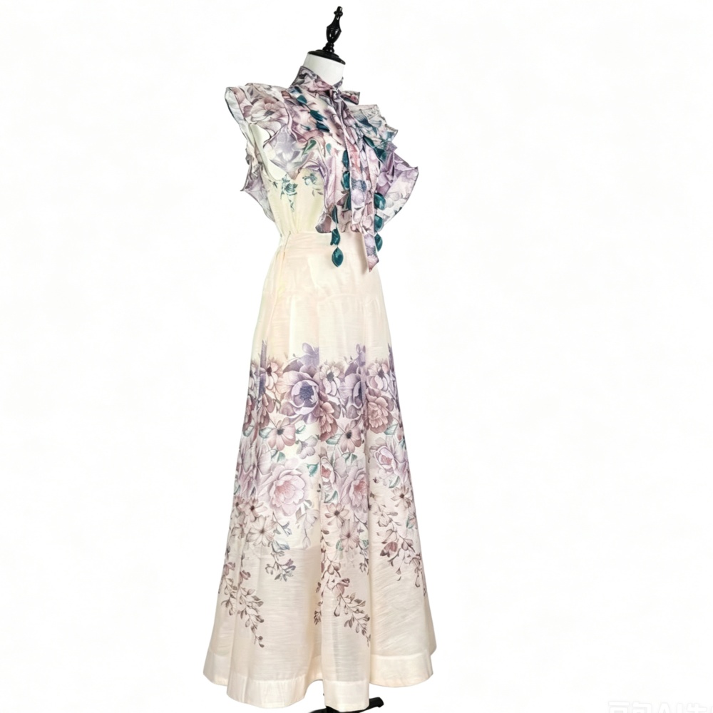 Flowers printing long skirt retro high waist shirt 2pcs set