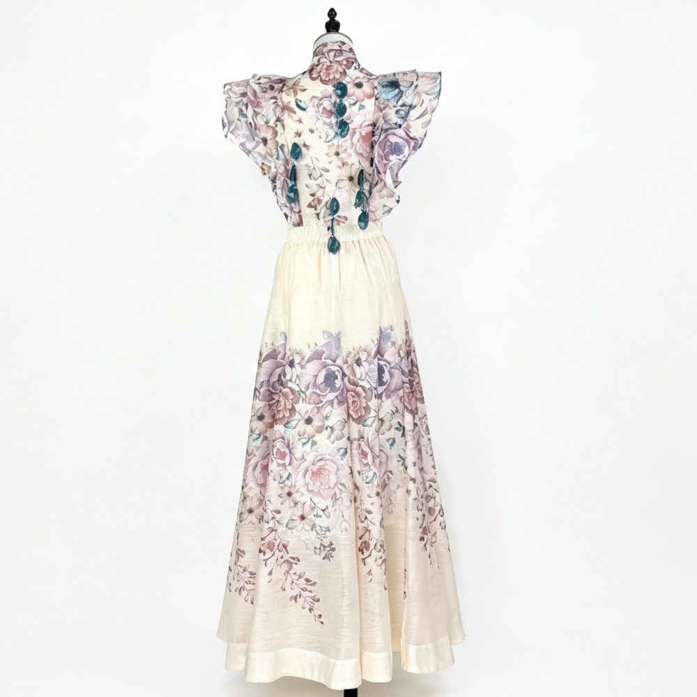 Flowers printing long skirt retro high waist shirt 2pcs set