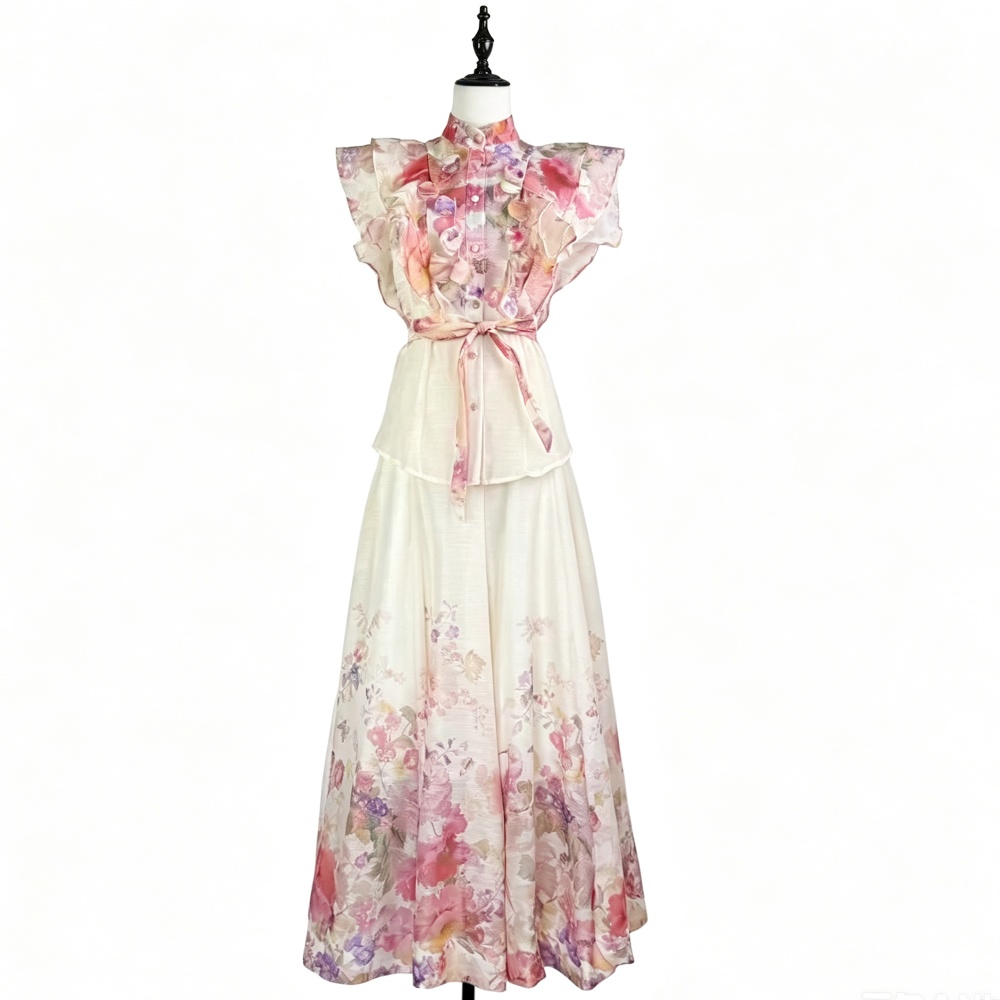 Flowers printing long skirt retro high waist shirt 2pcs set