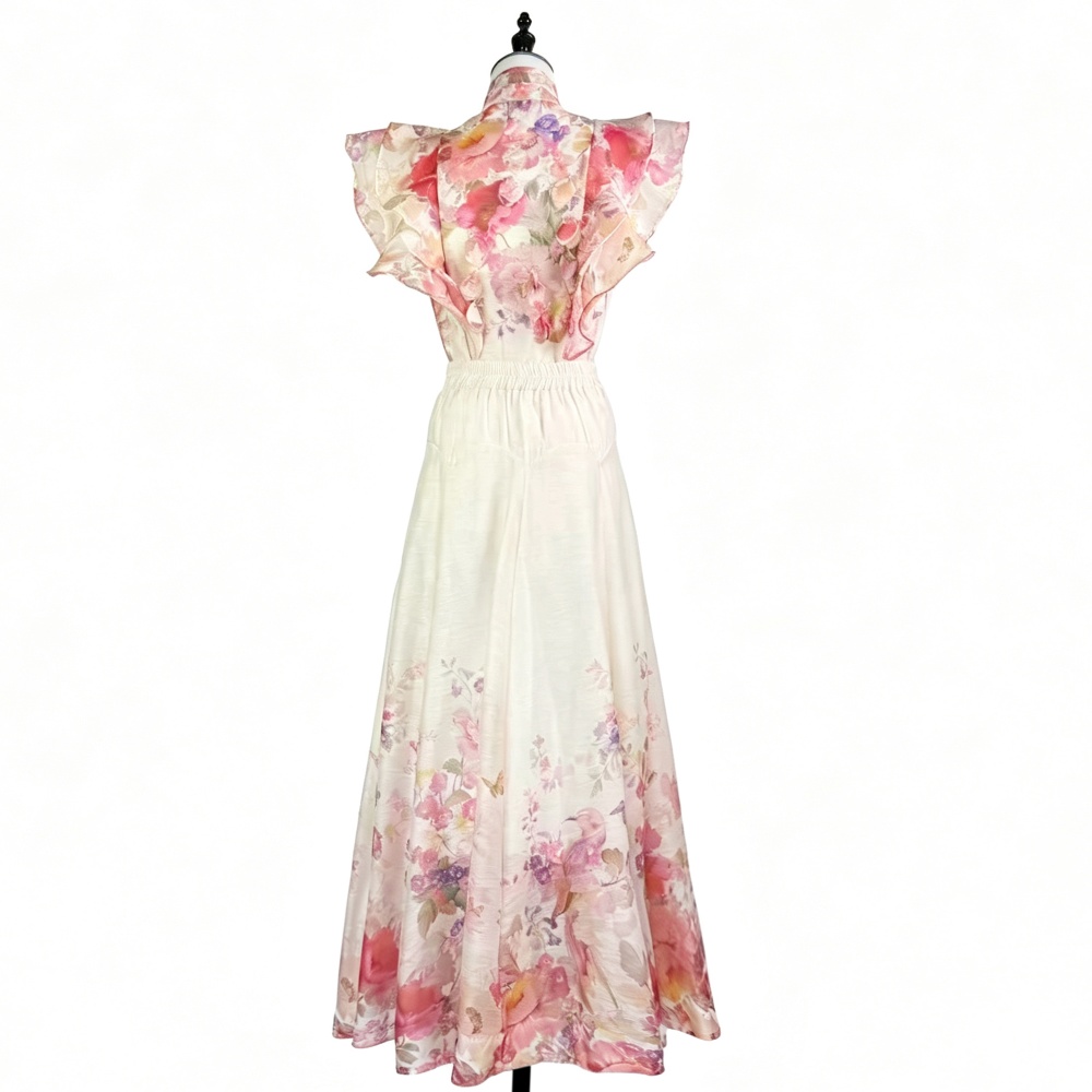 Flowers printing long skirt retro high waist shirt 2pcs set