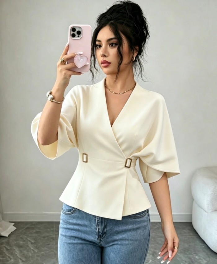 Bat sleeve all-match V-neck fashion shirt
