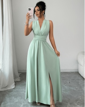 Long elegant bow V-neck pure dress