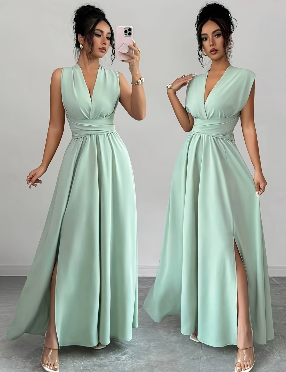 Long elegant bow V-neck pure dress