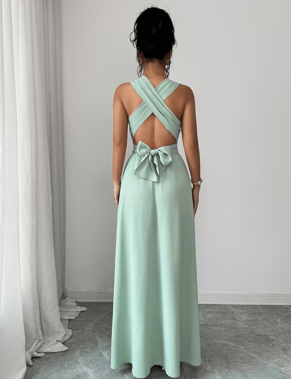 Long elegant bow V-neck pure dress