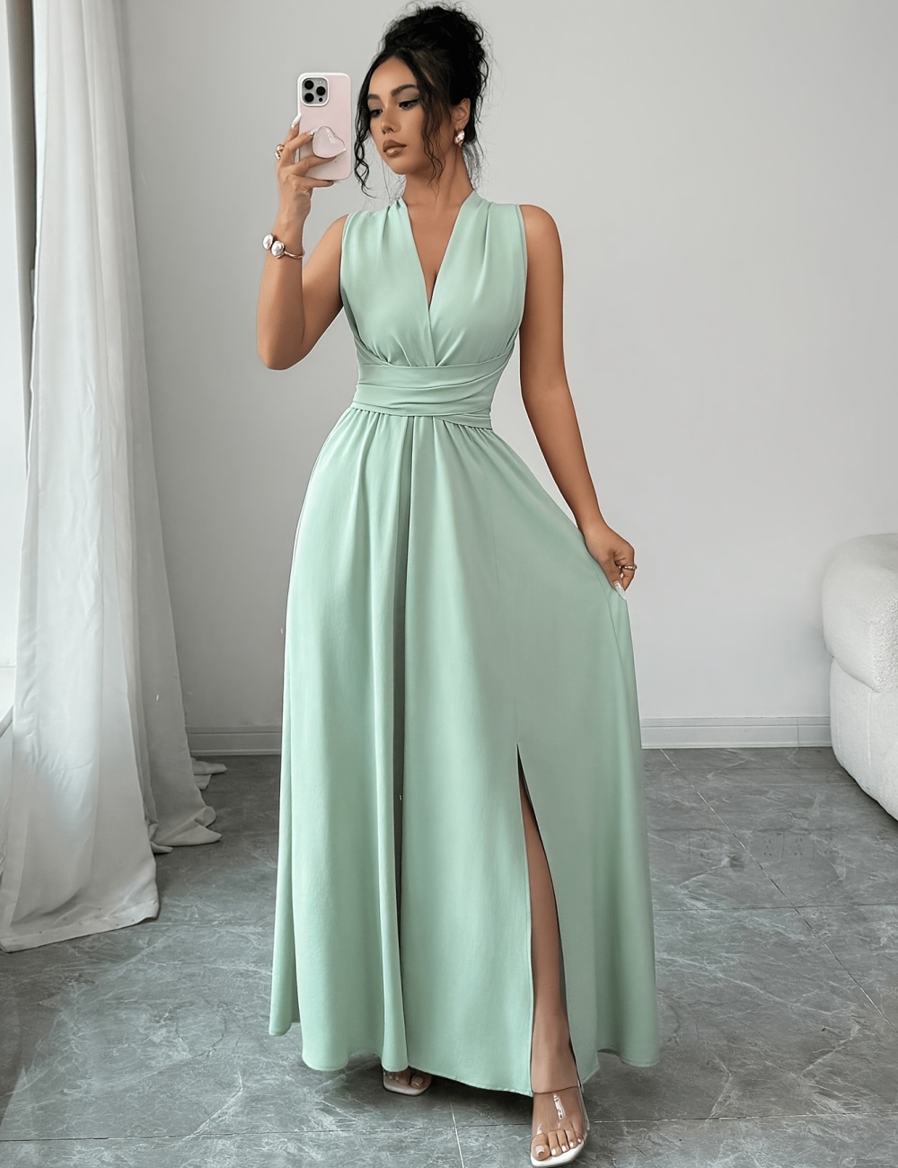 Long elegant bow V-neck pure dress