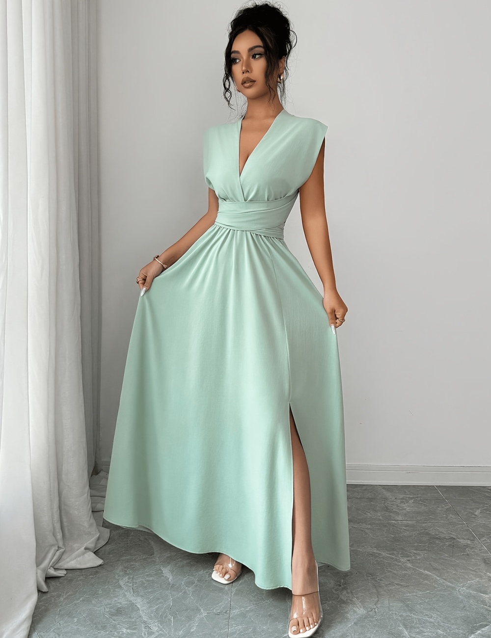 Long elegant bow V-neck pure dress