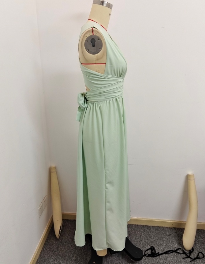 Long elegant bow V-neck pure dress